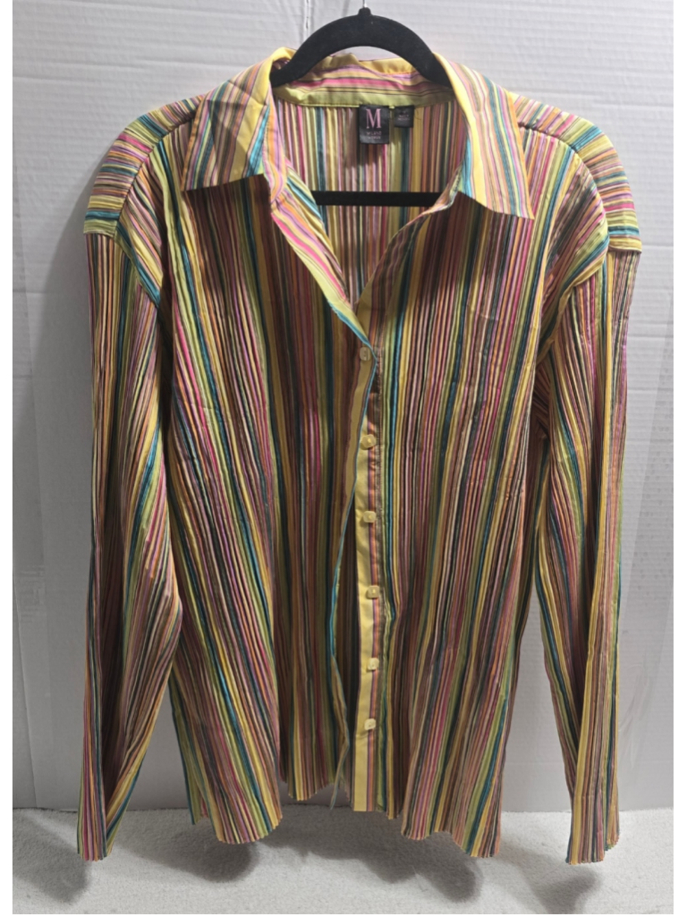 Women's Milano Woman Striped Button Down Shirt, 1X, Yellow Multi-color